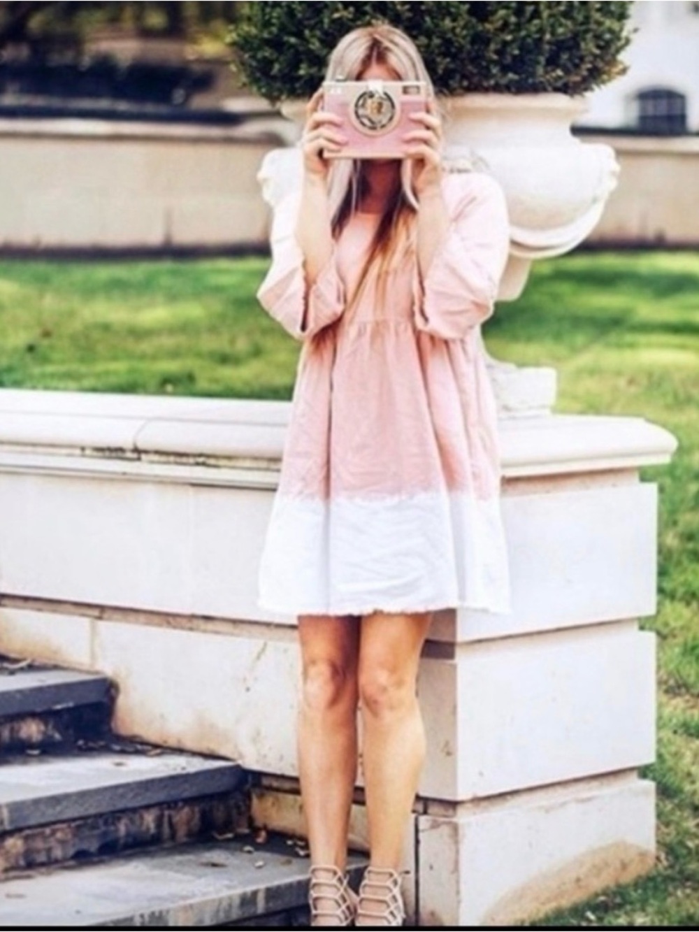 HOLDING HORSES Pink and White Dip-Hem Bell Sleeve Dress